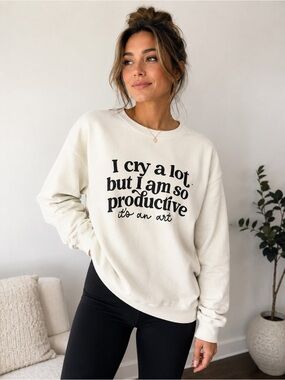 Cream Graphic Crewneck Sweater with Black Script